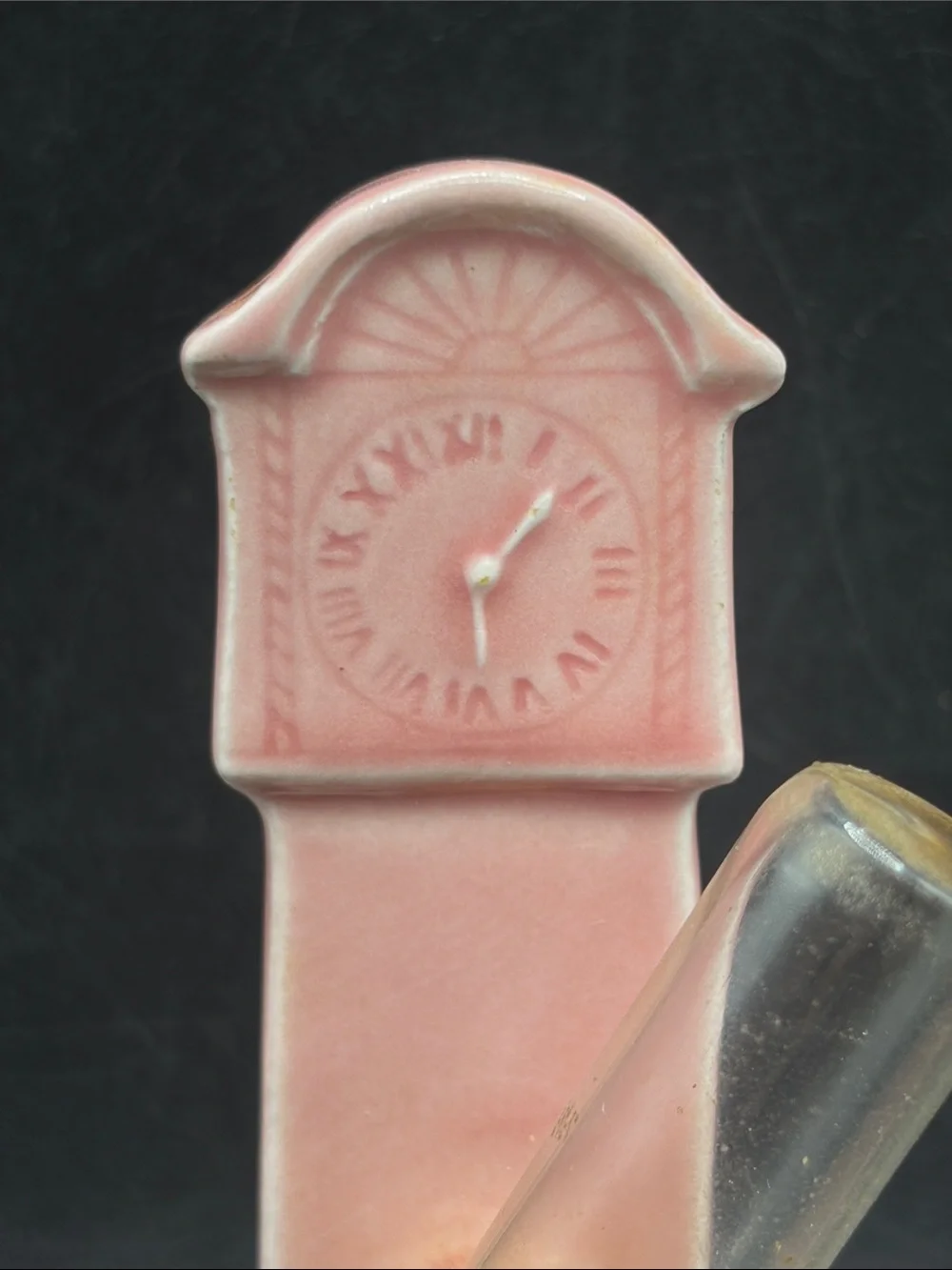 Vintage German Pink Grandfather Clock Figure Ceramic Time Keeper Hourglass Decor
